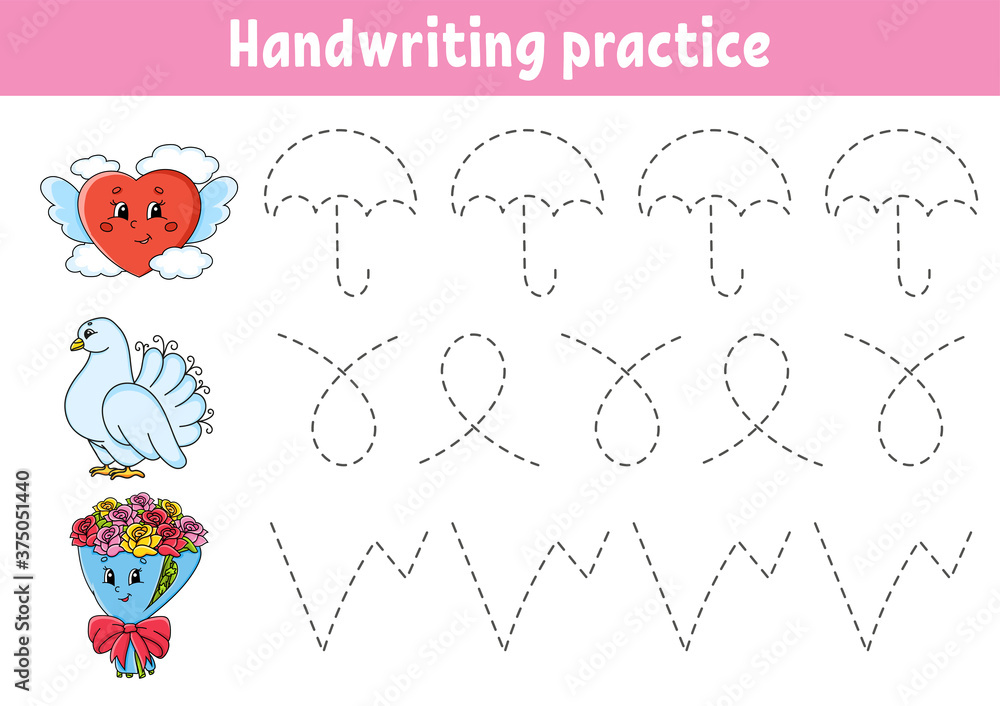 Obraz premium Handwriting pactice. Education developing worksheet. Activity page. Valentine's Day. Color game for children. Isolated vector illustration. Cartoon character.