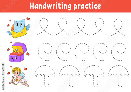 Handwriting pactice. Education developing worksheet. Activity page. Valentine's Day. Color game for children. Isolated vector illustration. Cartoon character.
