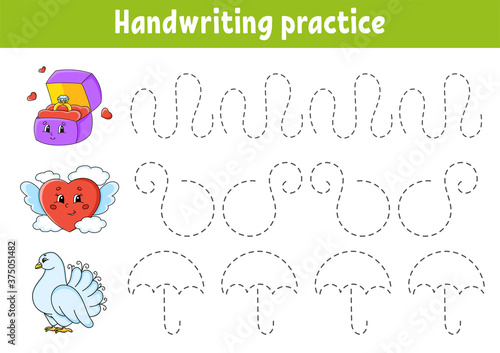 Handwriting pactice. Education developing worksheet. Activity page. Valentine's Day. Color game for children. Isolated vector illustration. Cartoon character.