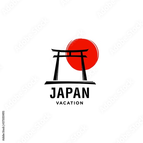 shrine with red sun logo ,Japanese torii gate icon vector in line style