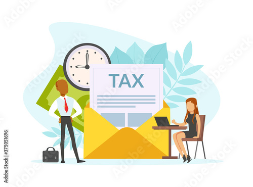 Tax Payment Concept, Tiny Business People Calculating Document for Taxes, Business Time Management Flat Vector Illustration
