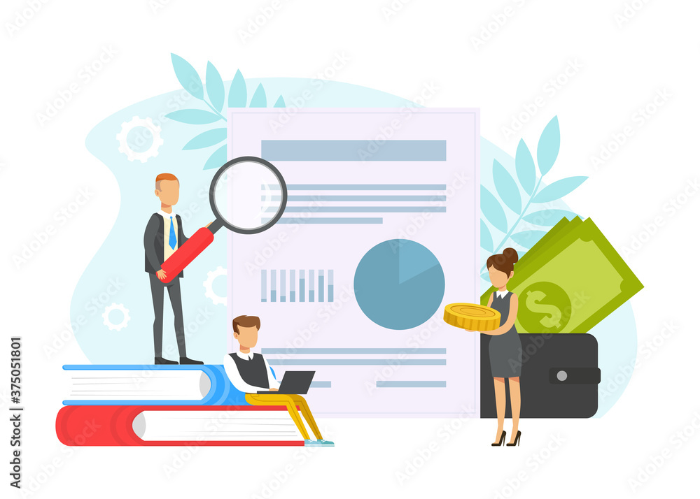 Business People Looking Through Magnifying Glass at Payment Document, Budget Planning Concept, Accounting and Auditing Service Flat Vector Illustration