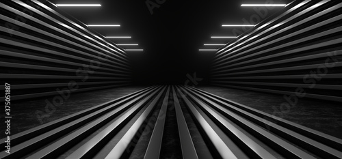 Fototapeta Naklejka Na Ścianę i Meble -  Dark corridor with white neon lights on a black background. 3d rendering image.