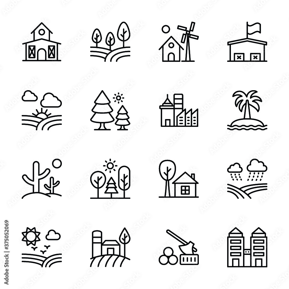 Landscape and Agriculture Line Icons 