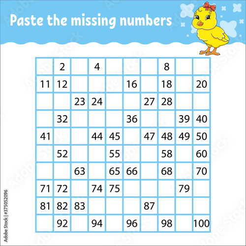 Paste the missing numbers from 1 to 100. Handwriting practice. Learning numbers for kids. Education developing worksheet. Game for children. Isolated vector illustration in cute cartoon style.