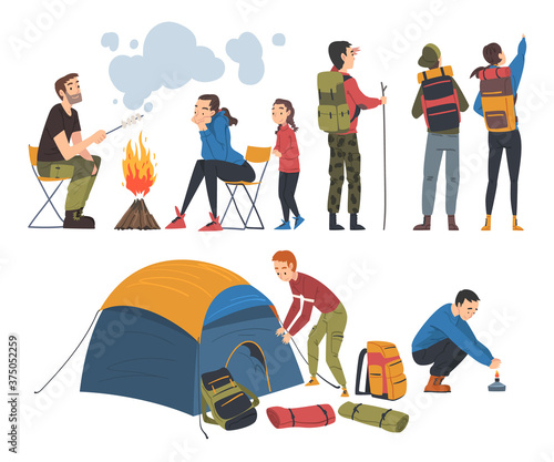 People Travelling on Nature Set, Tourists Camping near Bonfire and Hiking, Summer Adventure Trip Cartoon Style Vector Illustration