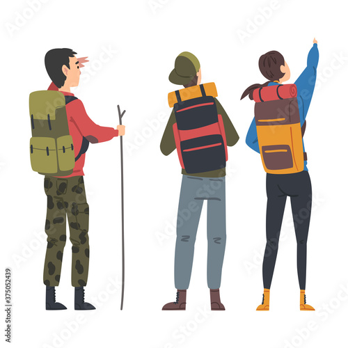 Friends Hiking on Nature, Back View of Travelers with Backpacks Looking into the Distance, Summer Vacation Adventures Cartoon Style Vector Illustration