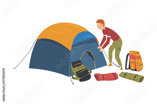 Man Resting in Camping Tent, Male Tourist Hiking on Nature, Summer Adventure Trip Cartoon Style Vector Illustration