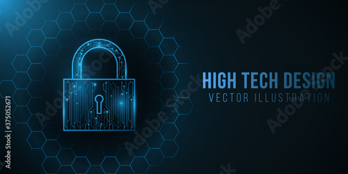 A futuristic high-tech lock made from a computer circuit board. Protected data. Glowing cyber padlock on a background with a pattern of honeycombs. Vector illustration.