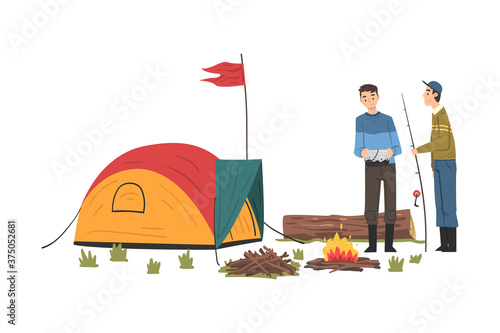 People Camping near Bonfire, Men Hiking and Fishing, Summer Adventure Trip Cartoon Style Vector Illustration