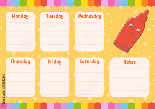 School schedule. Timetable for schoolboys. Empty template. Weekly planer with notes. Isolated color vector illustration. Cartoon character.
