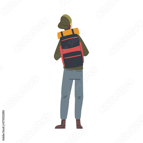 Male Tourist Character, Back View of Man with Backpack, Summer Adventure Trip Cartoon Style Vector Illustration