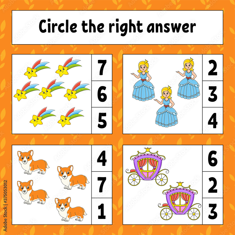 Circle the right answer. Education developing worksheet. Activity page with pictures. Game for children. Color isolated vector illustration. Funny character. Cartoon style. Circle the right answer. Education developing worksheet. Activity page with pictures. Game for children. Color isolated vector illustration. Funny character. Cartoon style.