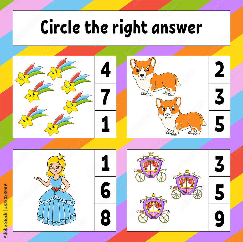 Fototapeta premium Circle the right answer. Education developing worksheet. Activity page with pictures. Game for children. Color isolated vector illustration. Funny character. Cartoon style.