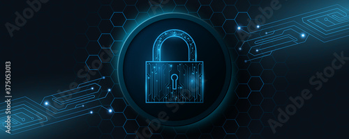 A futuristic lock made from a computer circuit board. Protected data. Glowing cyber padlock on a background with a pattern of honeycombs. High-tech graphic. Vector illustration.