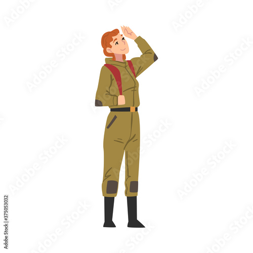 Girl Tourist Character, Woman in Explorer Outfit Standing with Backpack, Summer Adventure Trip Cartoon Style Vector Illustration