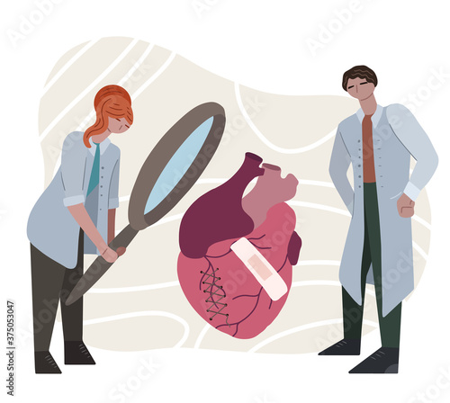 Flat illustration of a couple of doctors examining a diseased heart through a magnifying glass. Scientists are studying heart disease. Drug invention. Vector illustration for card and your design