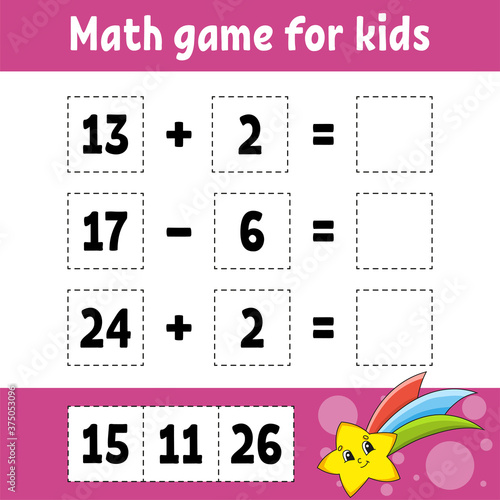 Math game for kids. Education developing worksheet. Activity page with pictures. Game for children. Color isolated vector illustration. Funny character. Cartoon style.