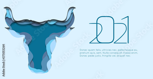 Horizontal banner with silhouette of a bull head with paper cut layers. The symbol of the new year 2021. Buffalo with horns. Vector template of animal head for invitation, card and your designs