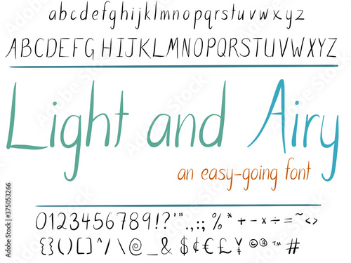 Hand drawn font. Light and airy lettering set. Simple characters upper and lower case.