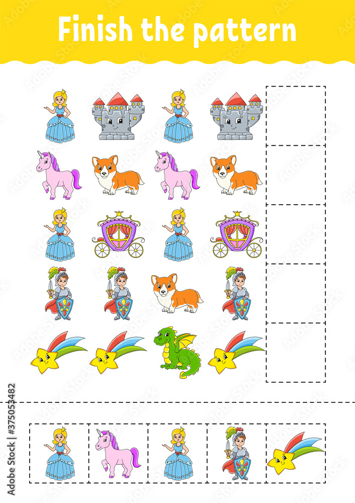 Finish the pattern. Cut and play. Education developing worksheet. Activity page.Cartoon character. Finish the pattern. Cut and play. Education developing worksheet. Activity page.Cartoon character.