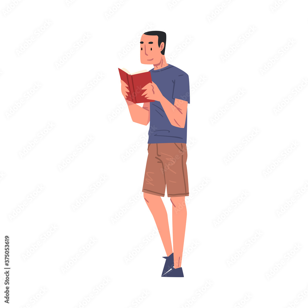 Young Man Reading Book while Standing, Male Student Character Studying or Preparing for Exam, Book Lover, Literature Fan Cartoon Style Vector Illustration