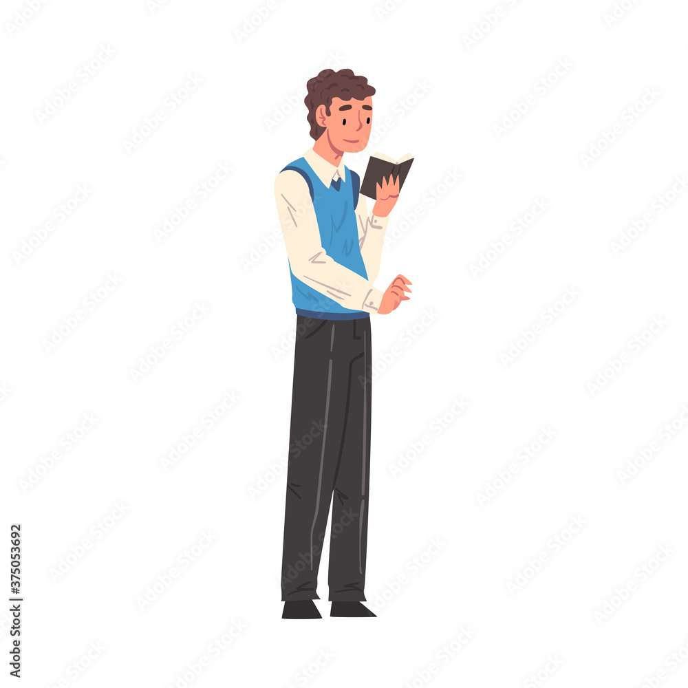 Guy Standing and Reading Book, Male Student Character Studying or Preparing for Exam, Bookworm, Literature Fan Cartoon Style Vector Illustration