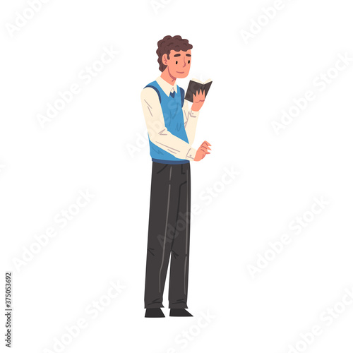 Guy Standing and Reading Book, Male Student Character Studying or Preparing for Exam, Bookworm, Literature Fan Cartoon Style Vector Illustration