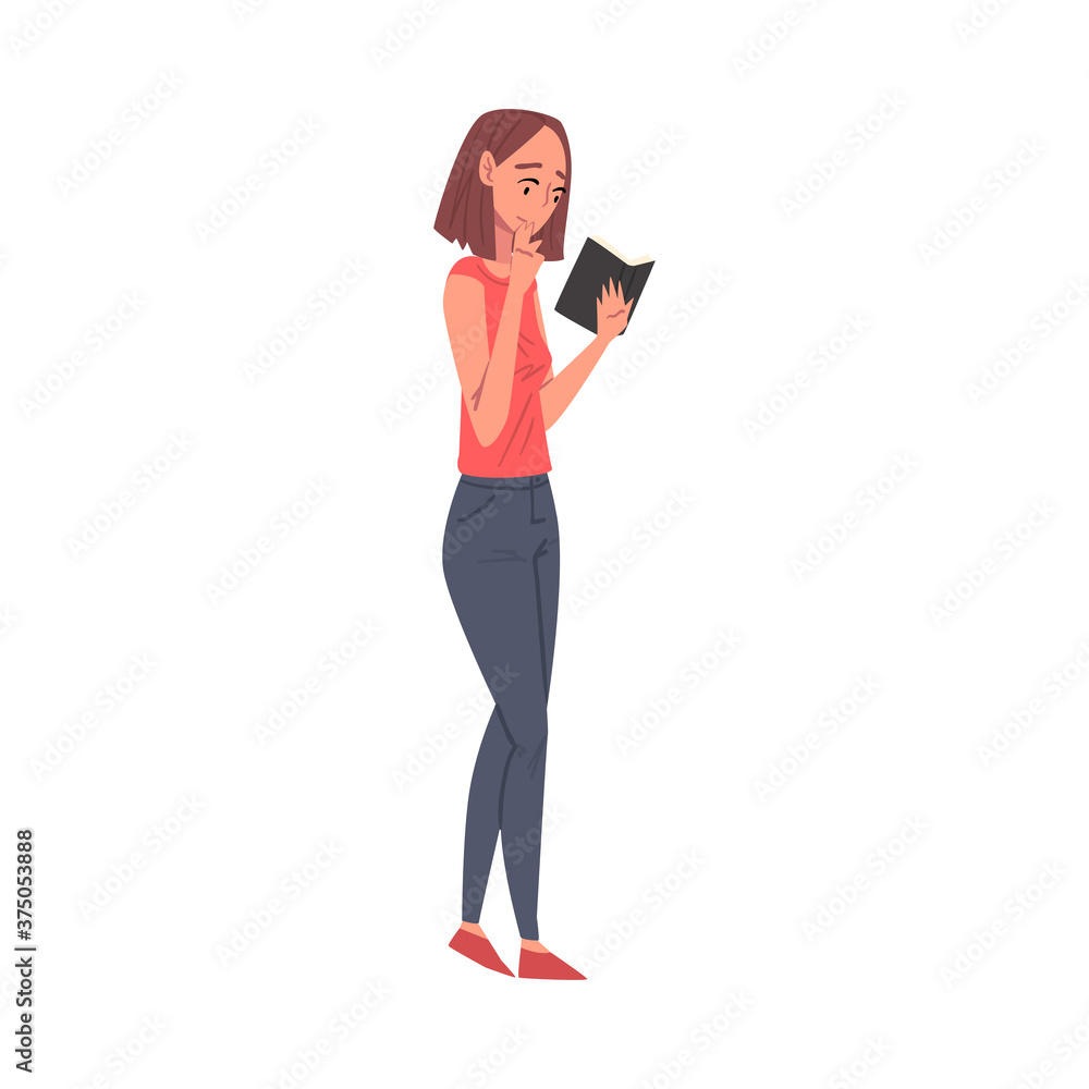 Girl Reading Book while Walking, Girl Student Character in Casual Clothes Studying or Preparing for Exam, Book Lover, Reader Cartoon Style Vector Illustration Girl Reading Book while Walking, Girl Student Character in Casual Clothes Studying or Preparing for Exam, Book Lover, Reader Cartoon Style Vector Illustration