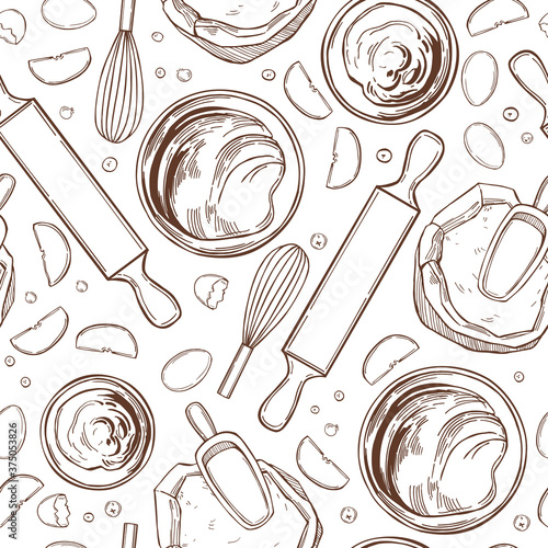 Hand drawn kitchenware  for baking pies on white background. Vector  seamless pattern.