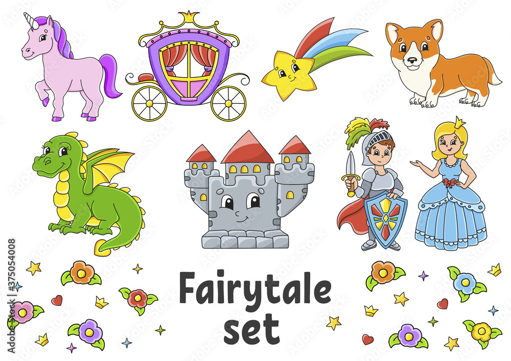 Set of stickers with cute cartoon characters. Fairytale theme. Hand drawn.  Colorful pack. Vector illustration. Patch badges collection. Label design  elements. For daily planner, diary, organizer. Stock Vector | Adobe Stock