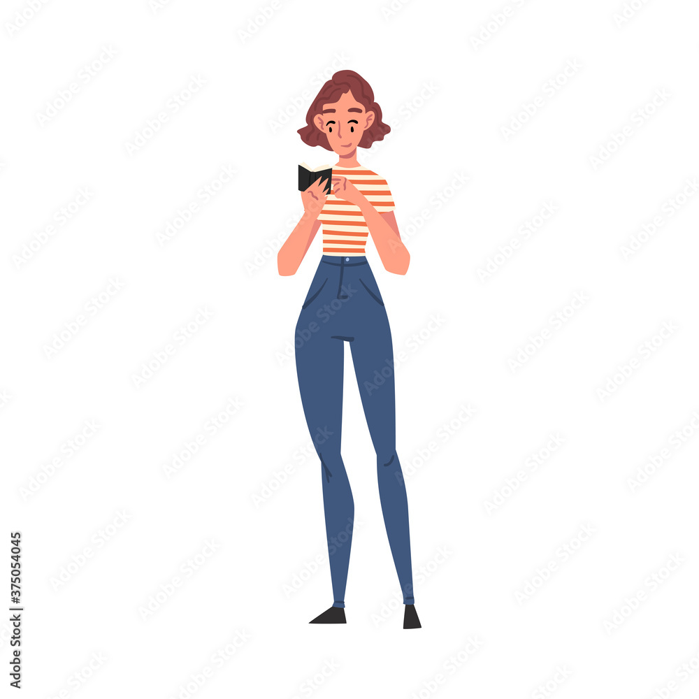 Girl Reading Book while Standing, Front View of Female Student Character Studying or Preparing for Exam, Book Lover, Reader Cartoon Style Vector Illustration Girl Reading Book while Standing, Front View of Female Student Character Studying or Preparing for Exam, Book Lover, Reader Cartoon Style Vector Illustration
