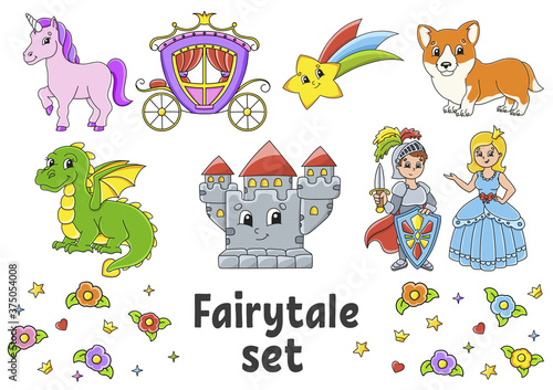 Set of stickers with cute cartoon characters. Fairytale theme. Hand drawn. Colorful pack. Vector illustration. Patch badges collection. Label design elements. For daily planner, diary, organizer.