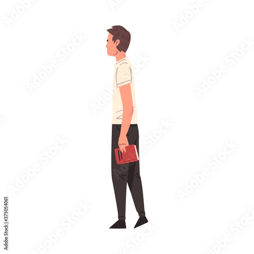 Young Man Walking with Book, Male Student Character, Book Lover, Literature Fan Cartoon Style Vector Illustration