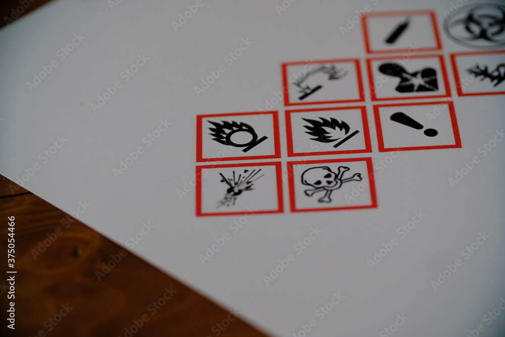 WHMIS 2015 SYMBOLS FLAME OVER CIRCLE, FLAME, EXCLAMATION MARK, SKULL