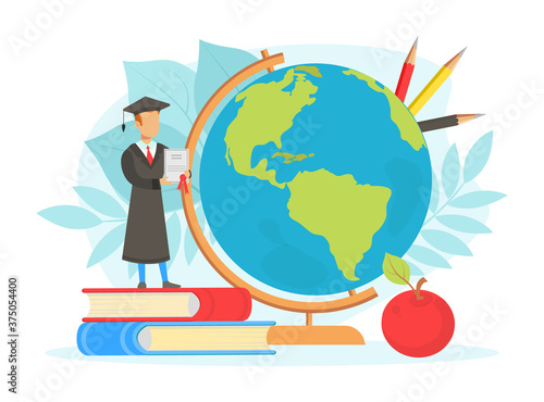 Graduate Student Standing on Pile of Books next to Earth Globe, International Student, Global Education Concept Flat Vector Illustration