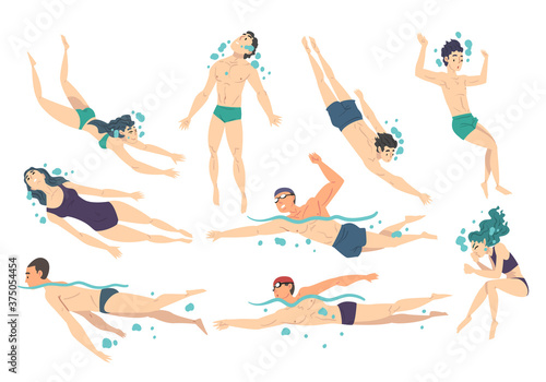 People Performing Water Activities Set, Men and Women in Swimwear in Swimming Pool, Water Swim Sport Cartoon Style Vector Illustration