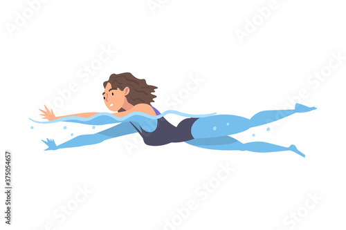 Young Woman in Swimming Pool, Girl in Swimsuit Performing Water Activities, Water Swim Sport Cartoon Style Vector Illustration