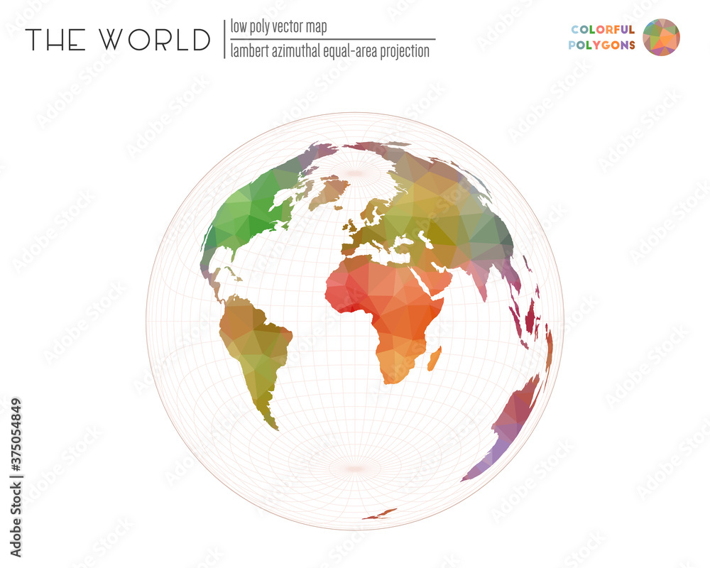 Polygonal map of the world. Lambert azimuthal equal-area projection of the world. Colorful polygons. Amazing vector illustration. Polygonal map of the world. Lambert azimuthal equal-area projection of the world. Colorful polygons. Amazing vector illustration.