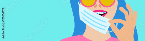 Closeup Smiling Face with Braces and medical mask. Quarantine best time ever to get bracket. Banner ad copy space for text. Ceramic, Metal Braces on Teeth. Dental Braces Smile. Orthodontic Treatment.