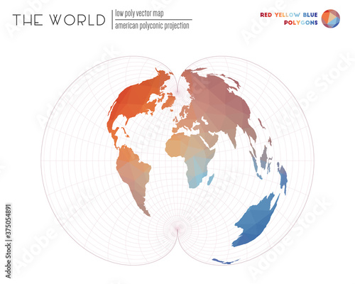 Abstract world map. American polyconic projection of the world. Red Yellow Blue colored polygons. Awesome vector illustration.