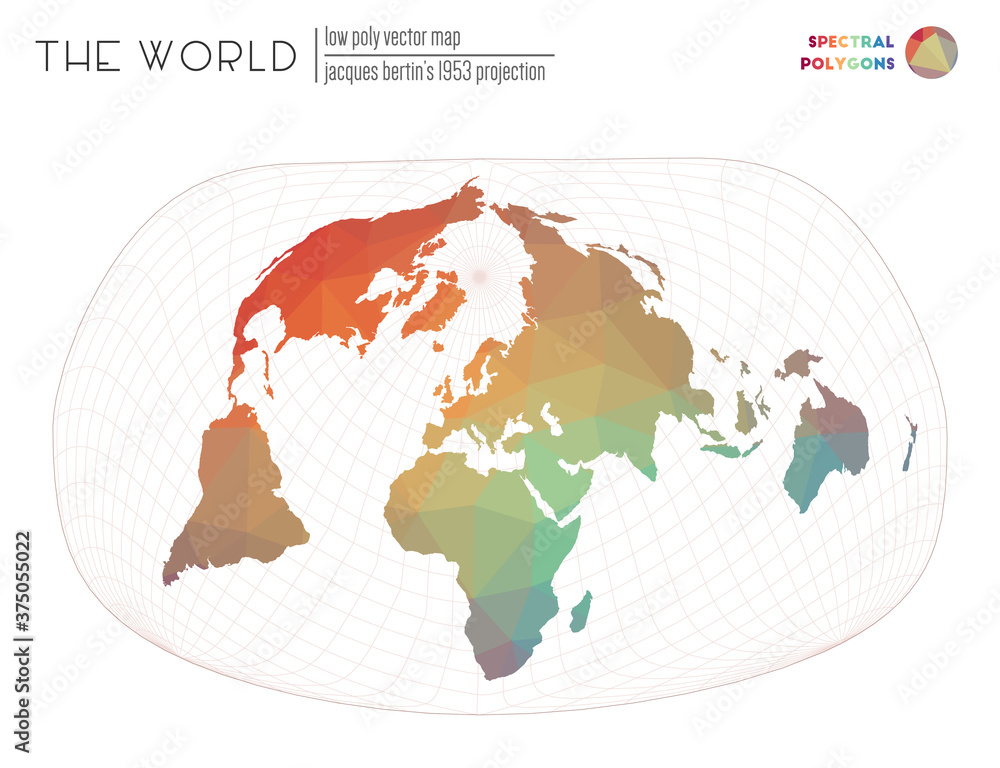 Triangular mesh of the world. Jacques Bertin's 1953 projection of the world. Spectral colored polygons. Awesome vector illustration. Triangular mesh of the world. Jacques Bertin's 1953 projection of the world. Spectral colored polygons. Awesome vector illustration.