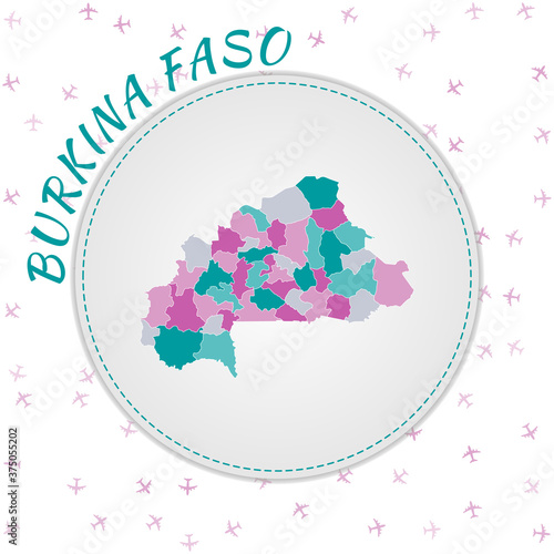 Burkina Faso map design. Map of the country with regions in emerald-amethyst color palette. Rounded travel to Burkina Faso poster with country name and airplanes background.