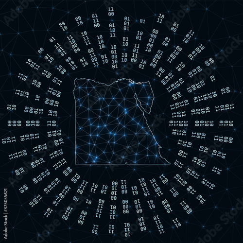 Egypt digital map. Binary rays radiating around glowing country. Internet connections and data exchange design. Vector illustration.