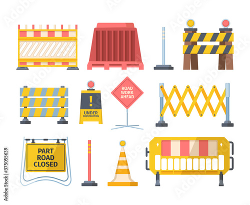 Road repair barriers set. Safety barricade warning at stops and streets symbol safe reconstruction striped coloring of main planned works notification no passage. Signal vector cartoon.