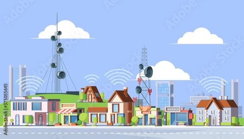 Cellular towers in city illustration. Communication towers next to residential buildings distribute internet and telephony round large signal transmitters on antennas digital cells. Global vector.