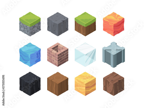 Landscape cubes isometric game set. Formations color wood and coal fractal made of ice metal grassy landscape with rocky soil lava water relief 3D geological block made clay. Vector cartoon.