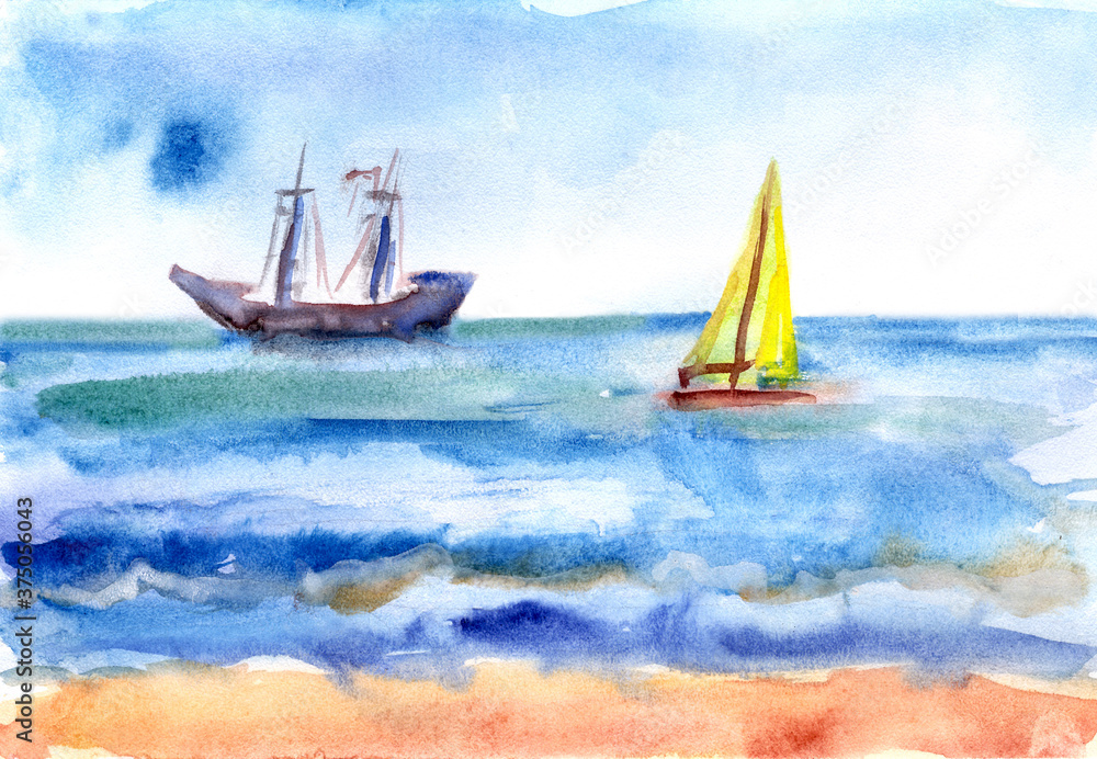 seascape with yacht and sailing ship, watercolor drawing, travel sketch