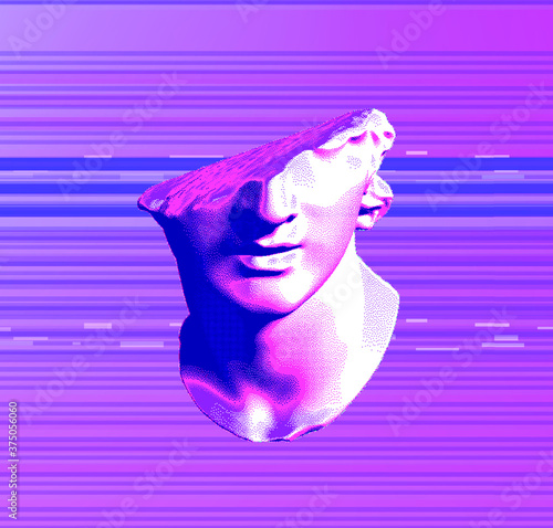 Vaporwave style collage with fragmentary marble of plaster bust in bitmap pixel art style. Cyberpunk aesthetics from the 80s like in old video games.