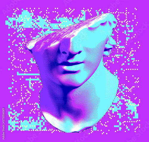 Vaporwave style collage with fragmentary marble of plaster bust in bitmap pixel art style. Cyberpunk aesthetics from the 80s like in old video games.